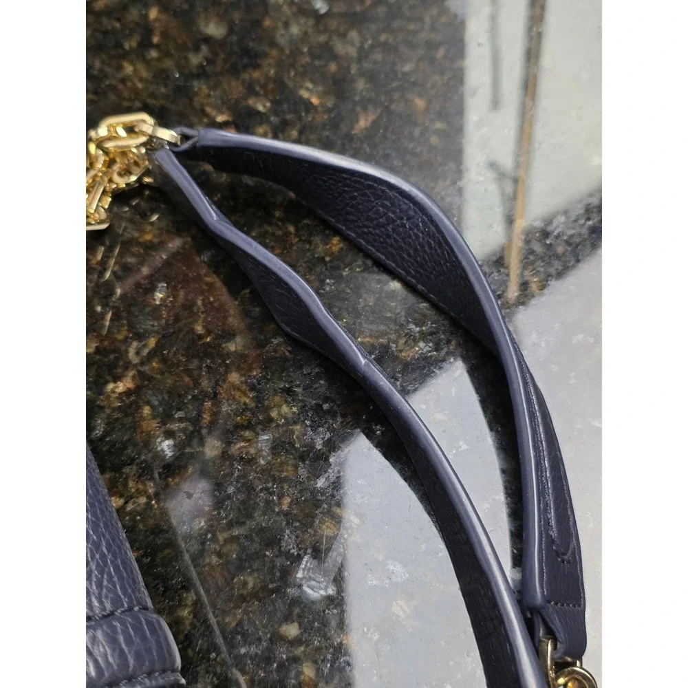 Tory Burch Link-Chain Shoulder Tote Bag Navy Blue Pebbled Leather Gold Large